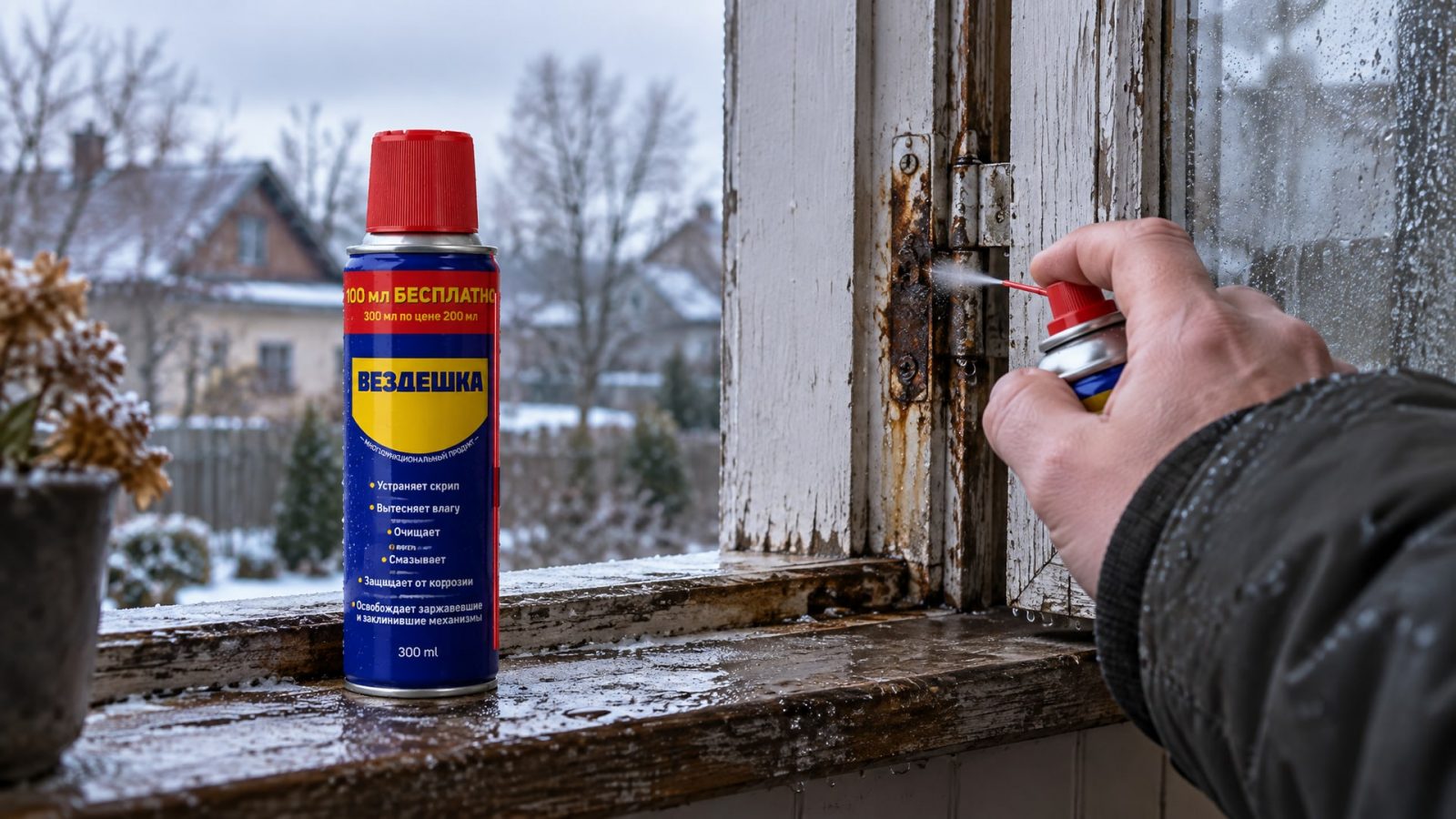 Рука в перчатке наносит универсальную смазку WD40.