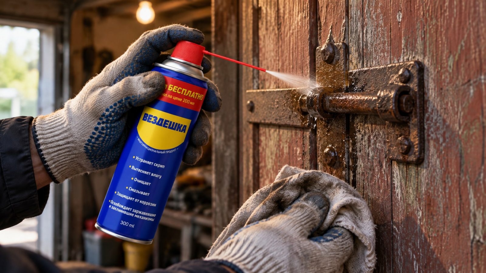 Рука в перчатке наносит универсальную смазку WD40 на поверхность.