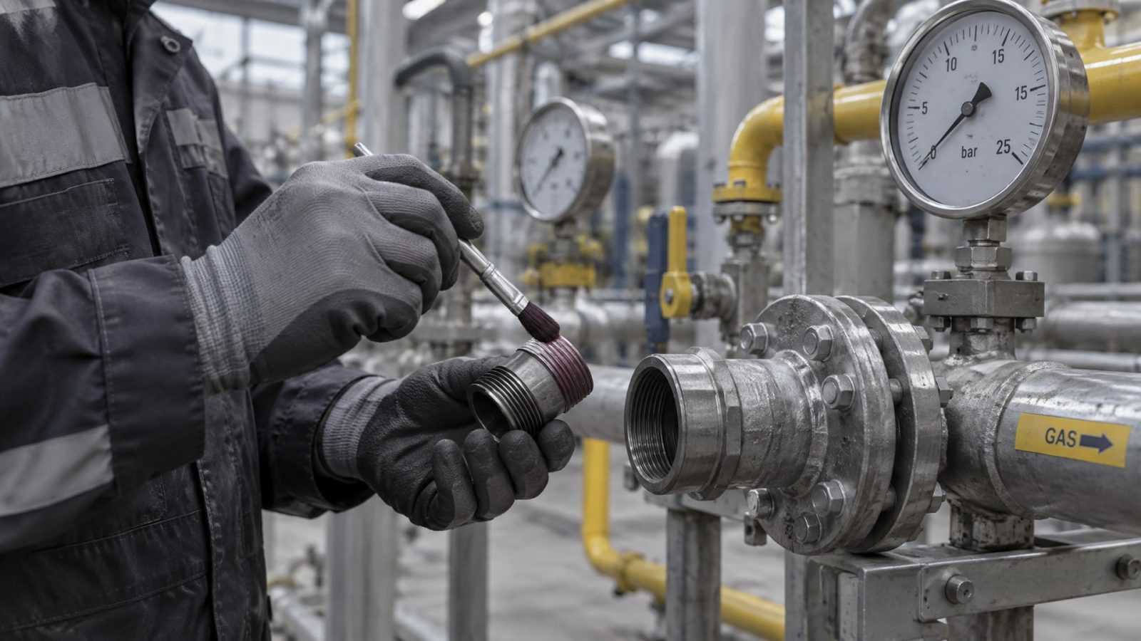 Монтажник наносит анаэробный герметик для химии на резьбу газовой трубы, обеспечивая герметичность соединения.