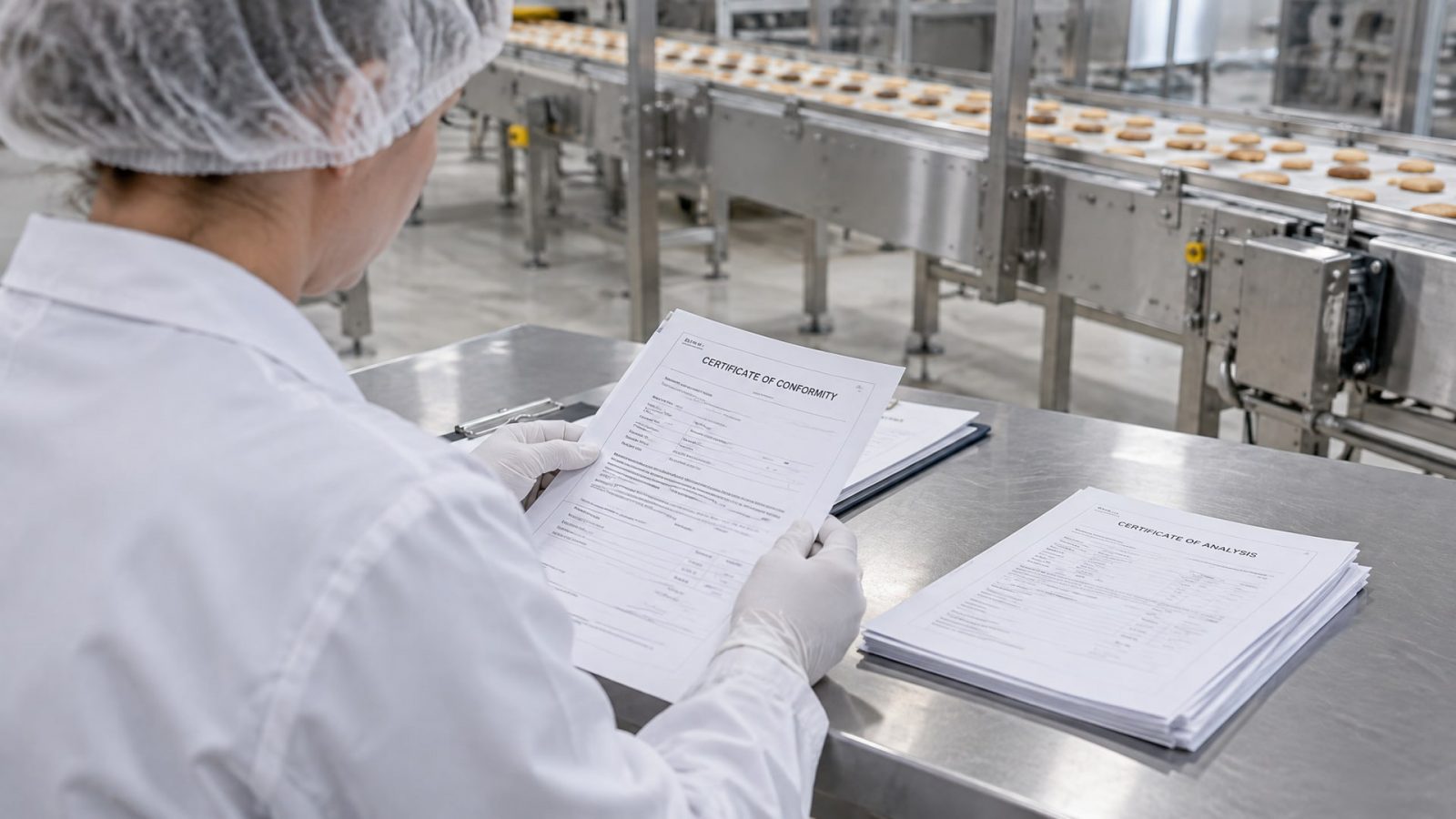 Специалист проверяет документы на пищевые смазки за столом из нержавеющей стали на производстве.