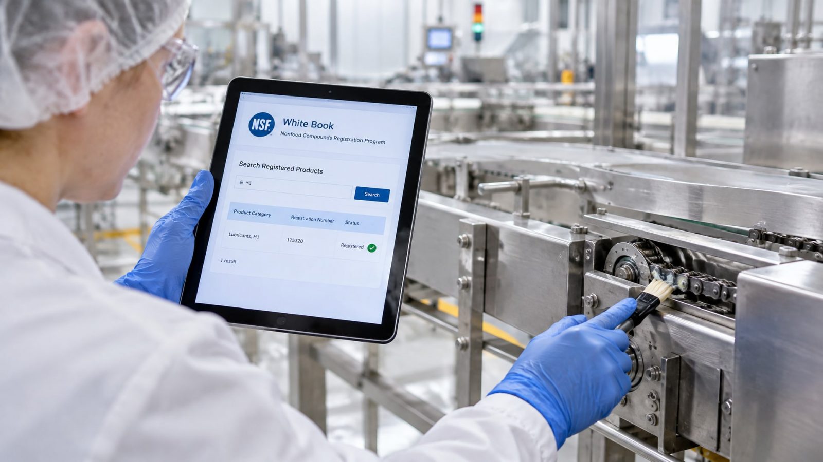 Рабочий в перчатках проверяет сертификат пищевой смазки по реестру NSF White Book, аналоги пищевых смазок.