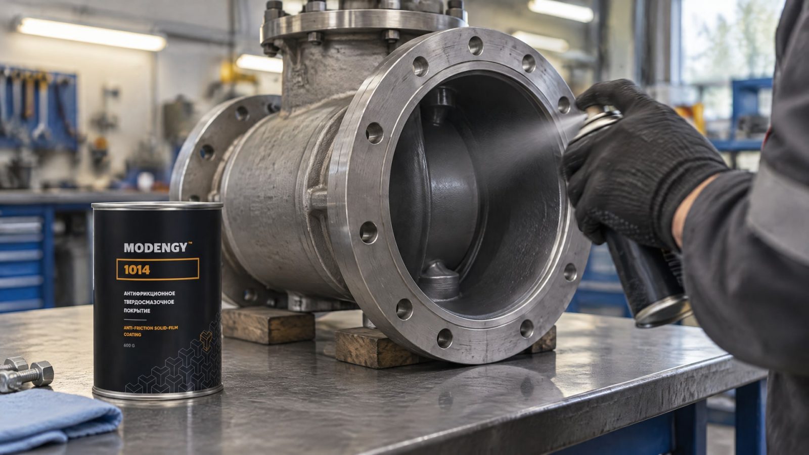 Рука в перчатке наносит антифрикционное покрытие MODENGY 1014 на упаковку.