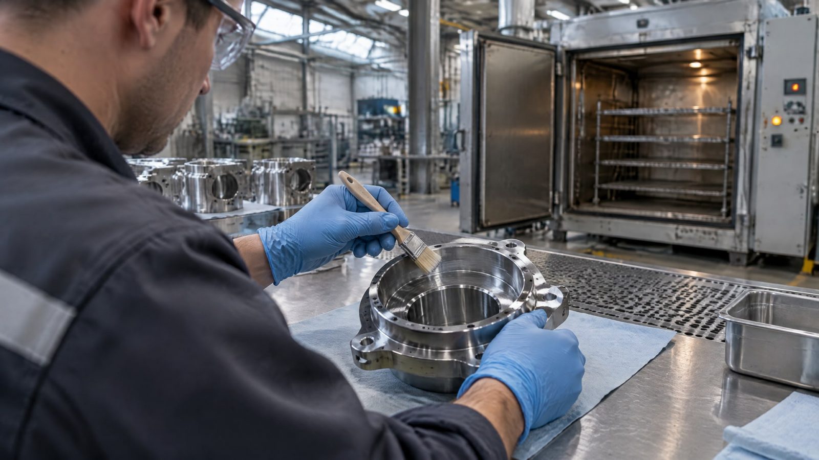 Инженер аккуратно наносит антифрикционное покрытие на металлическую деталь, рядом виднеется печь.