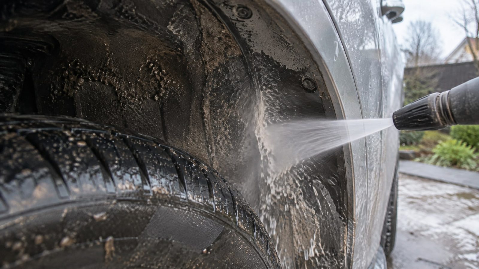 Мощная струя воды очищает днище и колесную арку автомобиля от зимней грязи и соли.