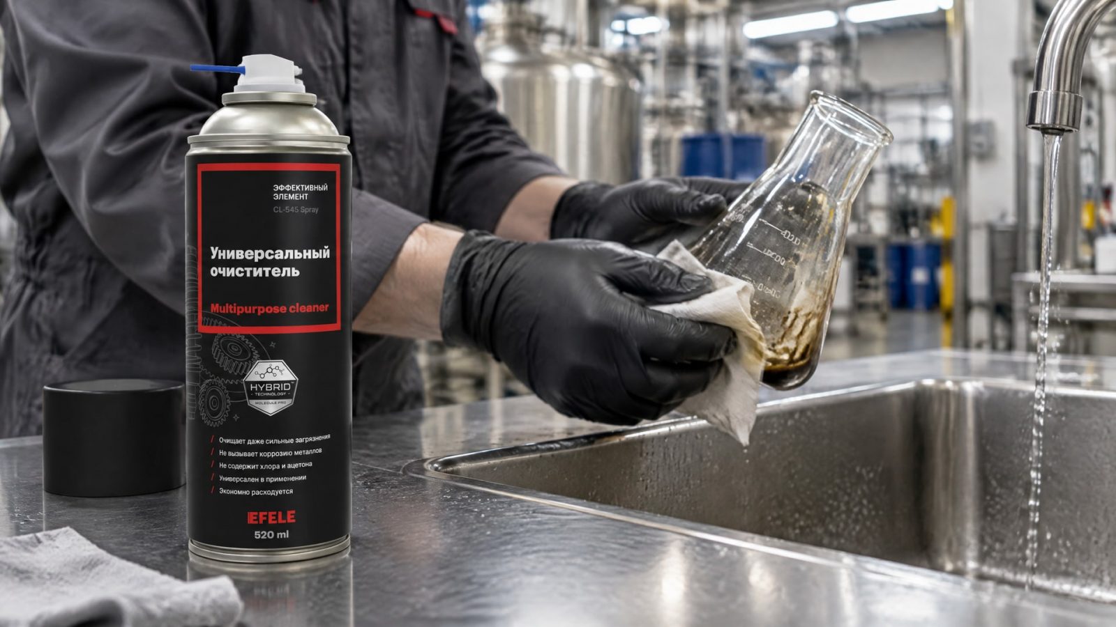Рука в перчатке наносит EFELE CL-545 Spray на оборудование