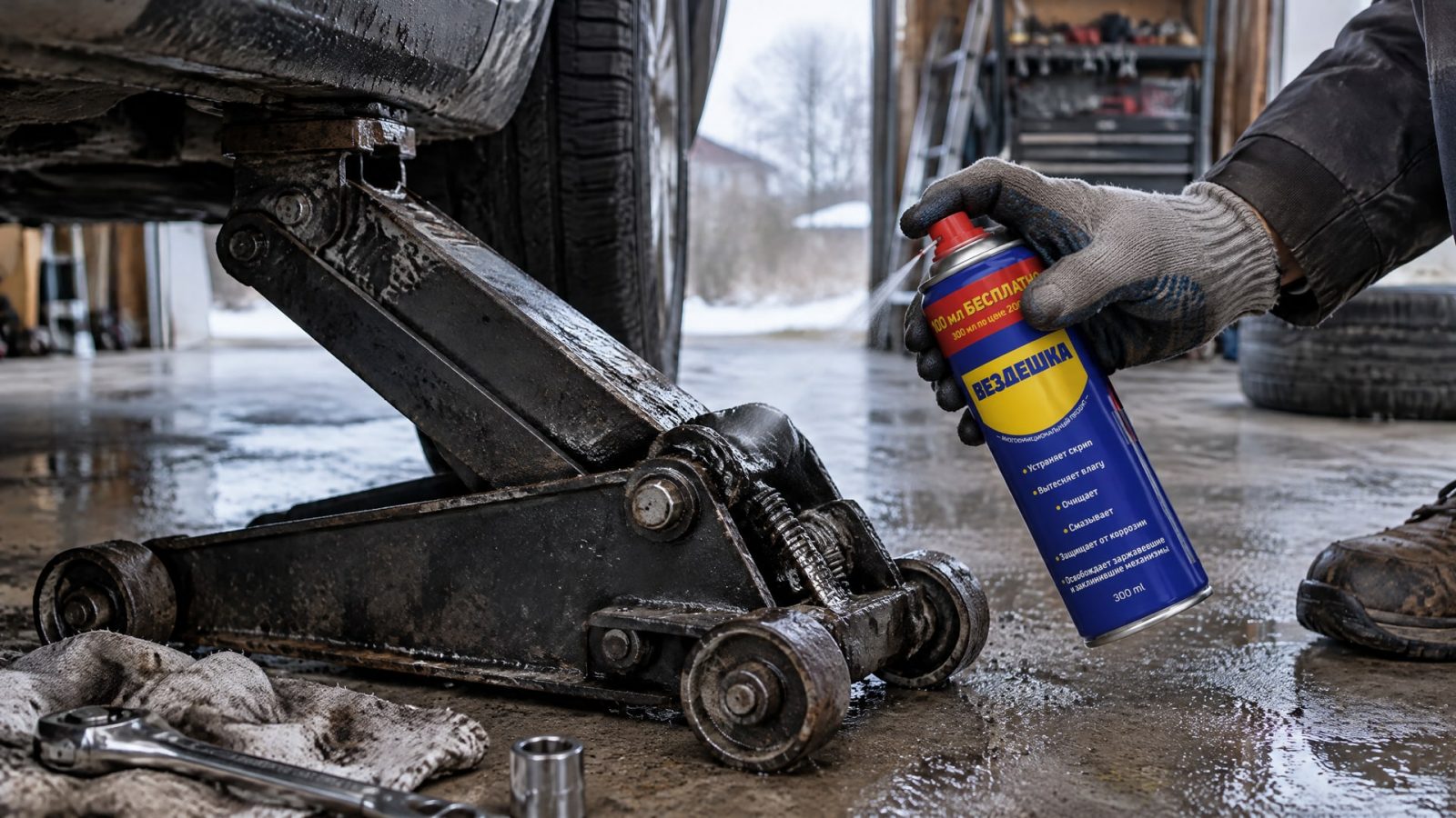 Рука в перчатке наносит универсальную смазку WD40 на детали домкрата.