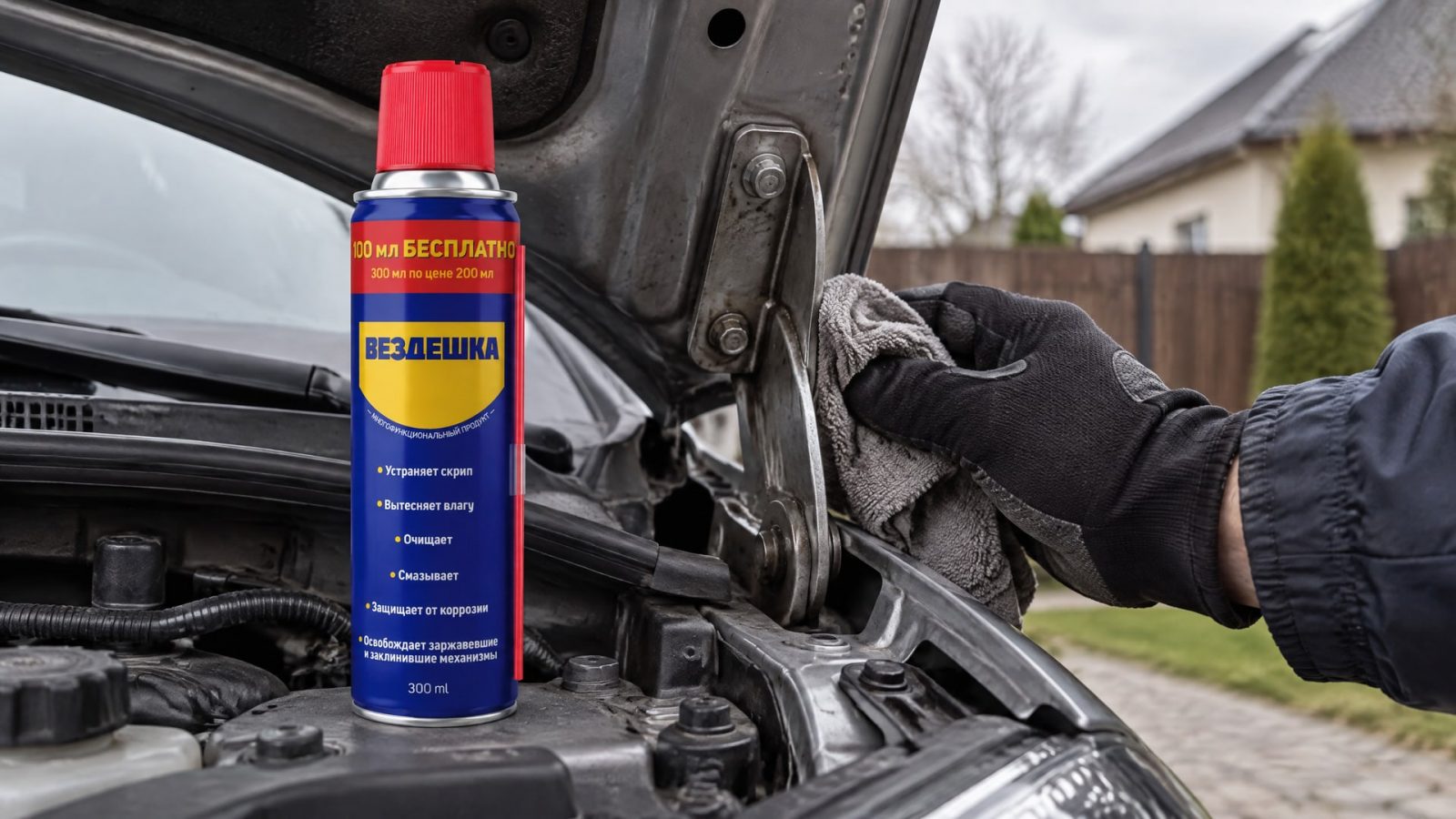 Рука в перчатке наносит универсальную смазку WD40 на петли капота.