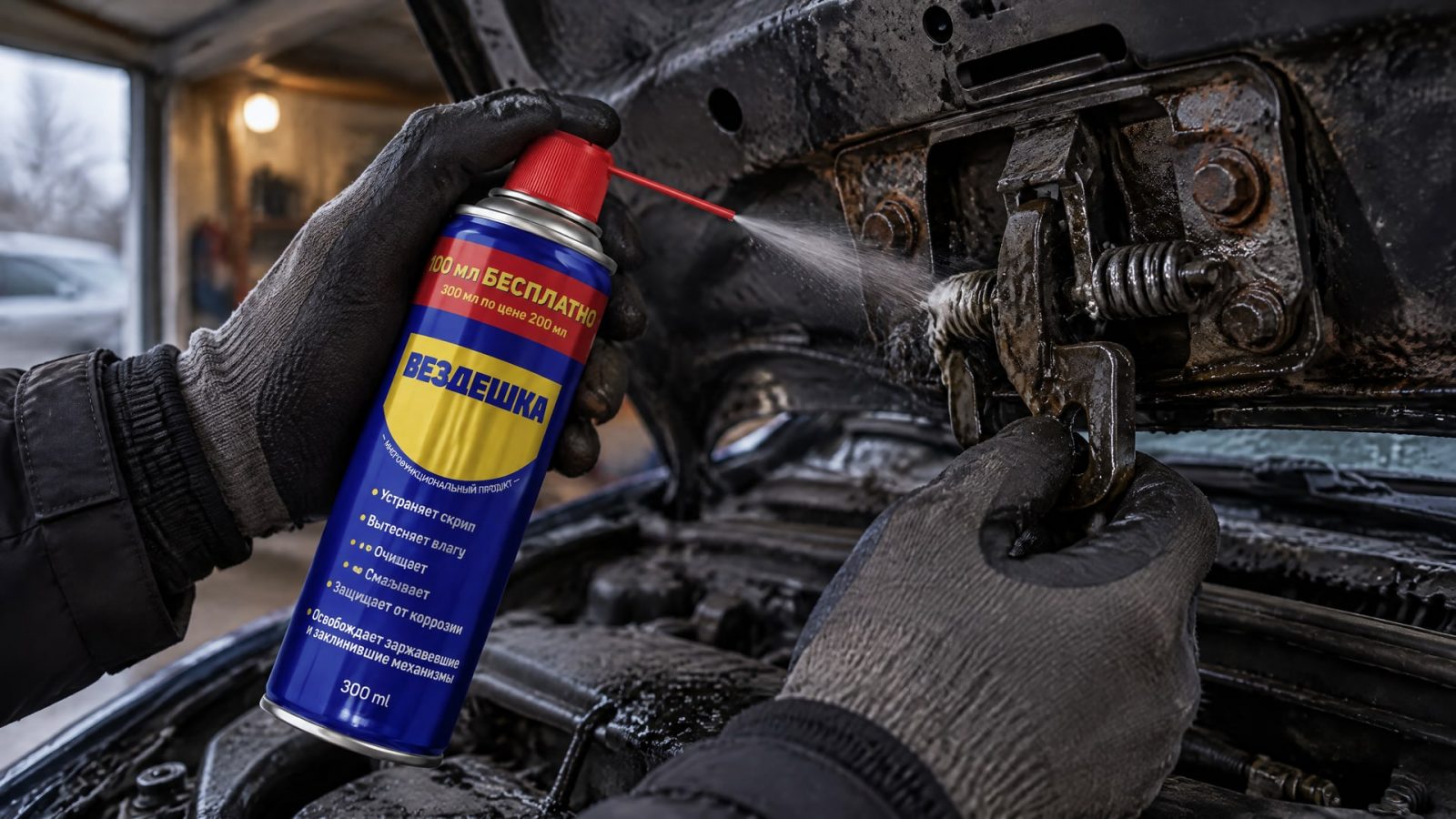 Рука в перчатке наносит универсальную смазку WD40 на защелку капота.