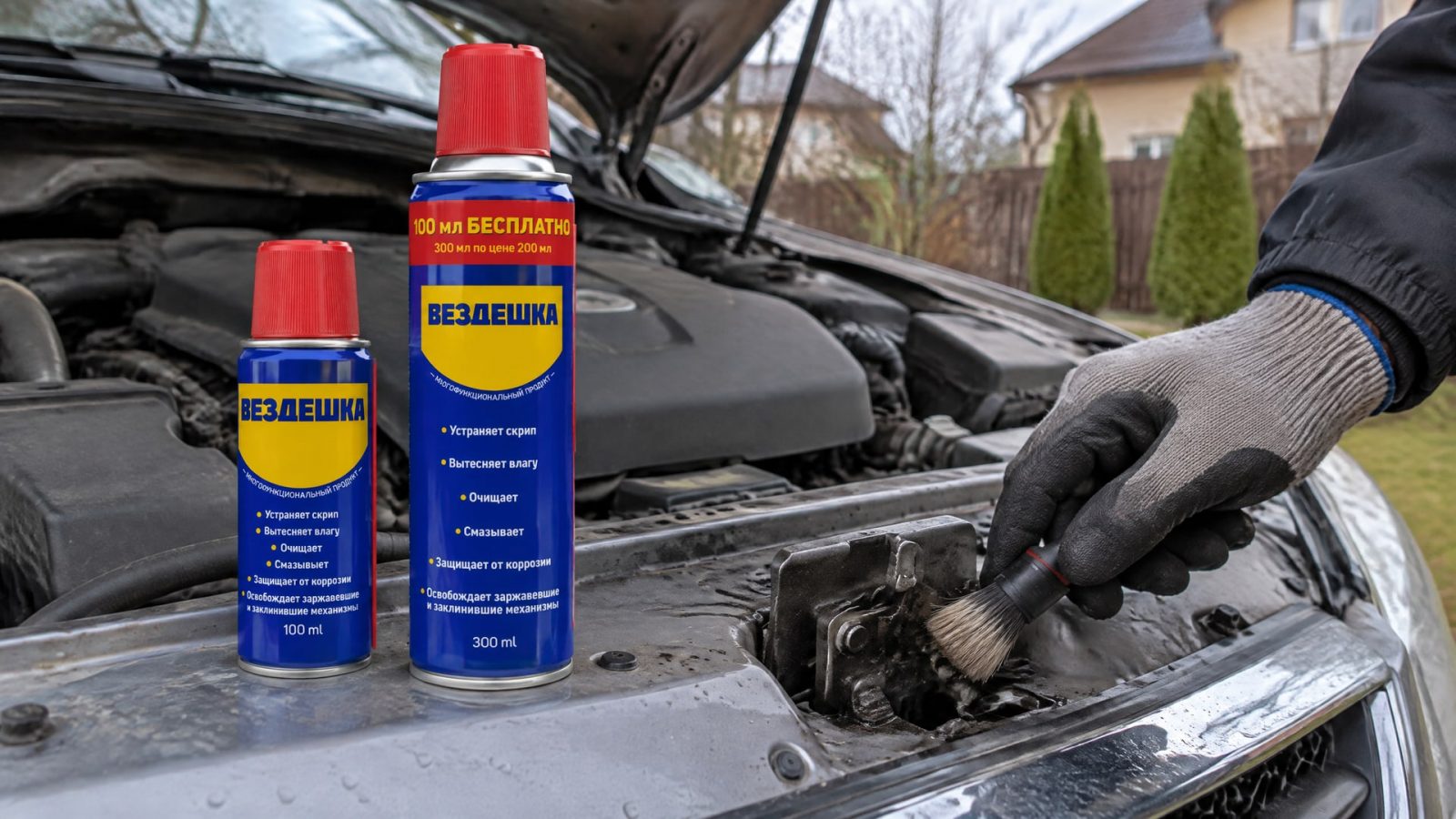 Рука в перчатке наносит универсальную смазку WD-40 на замок капота.