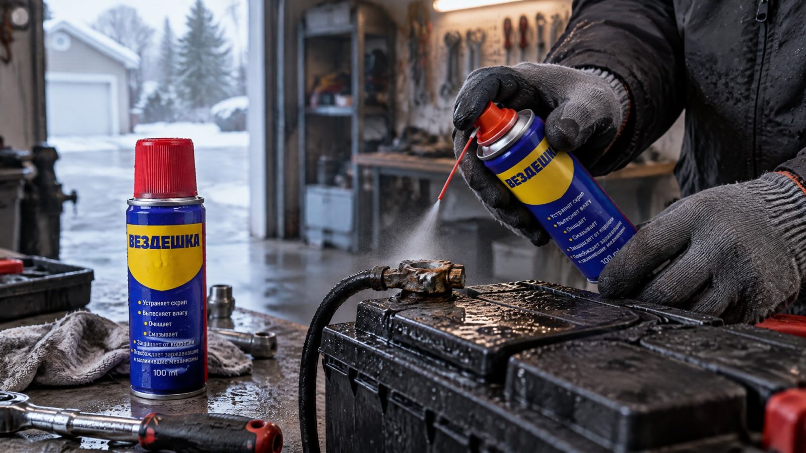 Рука в перчатке наносит универсальную смазку WD-40 на клеммы аккумулятора.