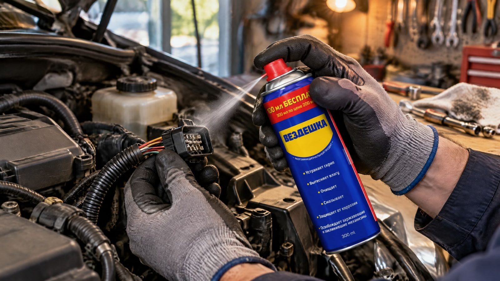 Рука в перчатке наносит универсальную смазку WD-40.