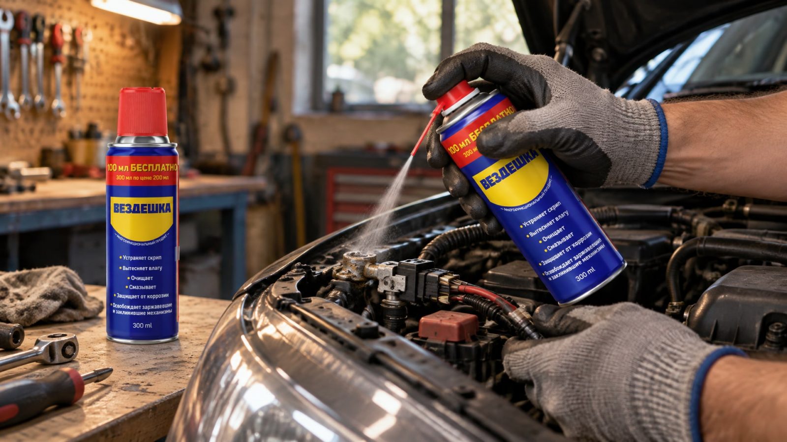 Рука наносит универсальную смазку wd-40 на контакты.