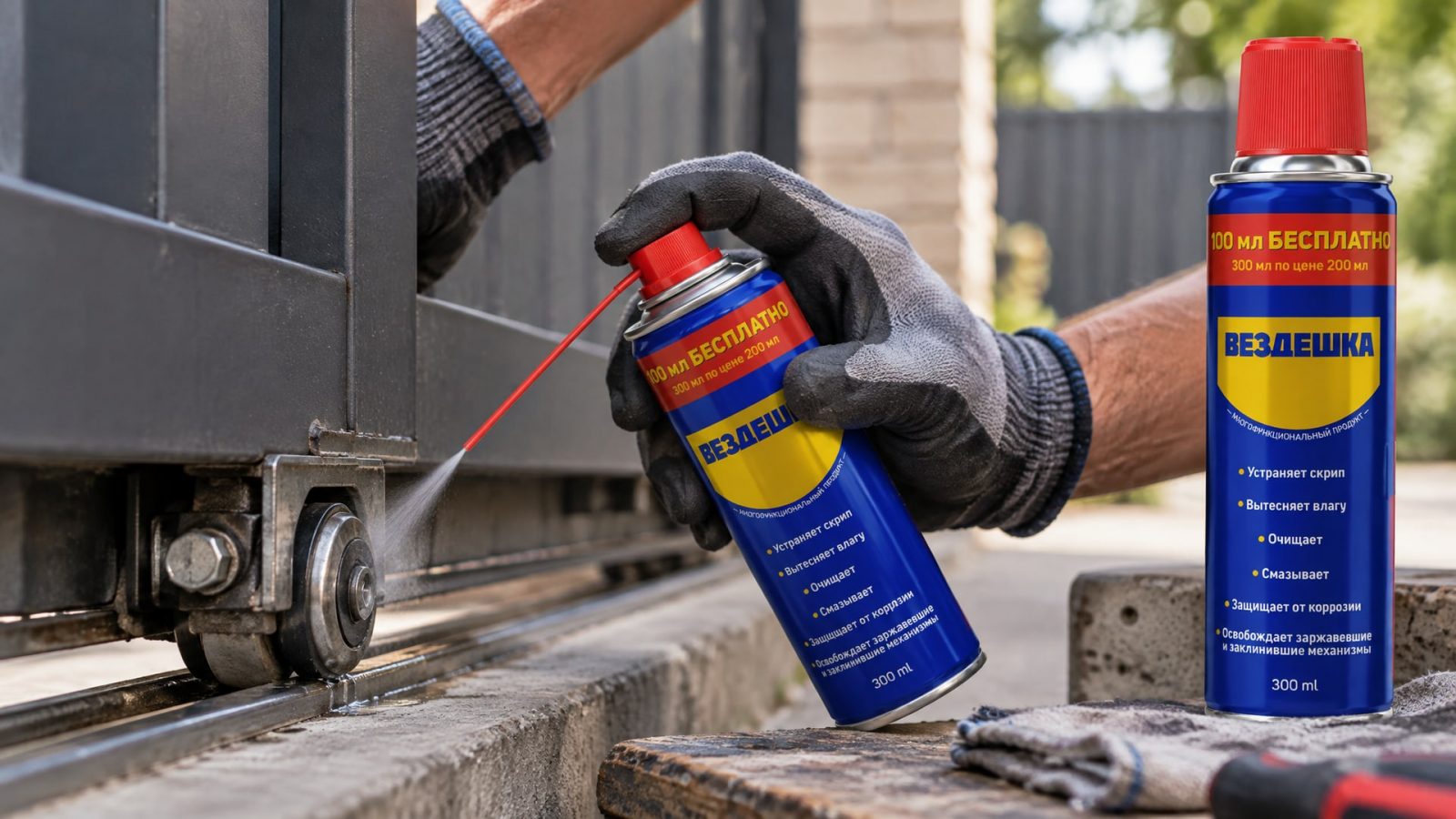 Рука в перчатке наносит универсальную смазку wd-40 на гаражные ворота.