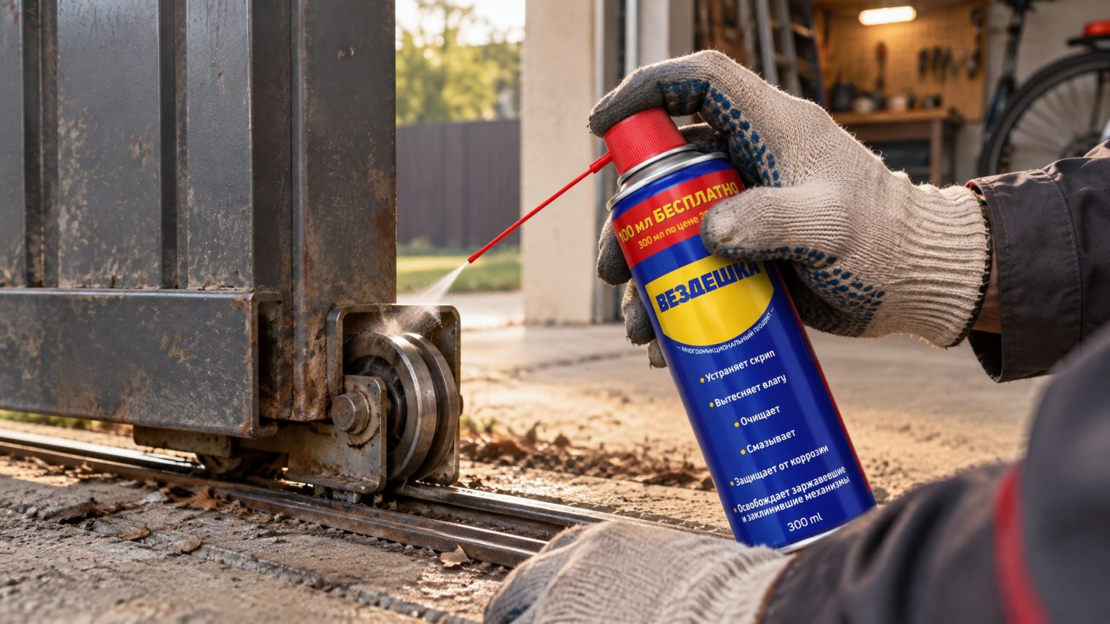 Рука в перчатке наносит универсальную смазку WD40 на гаражные ворота.