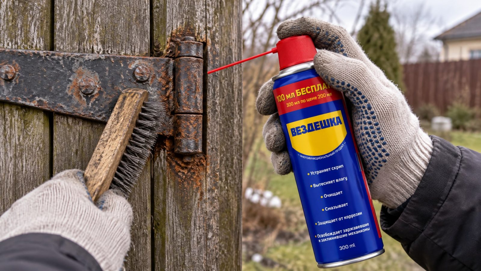 Рука в перчатке наносит универсальную смазку wd-40 на петли калитки.