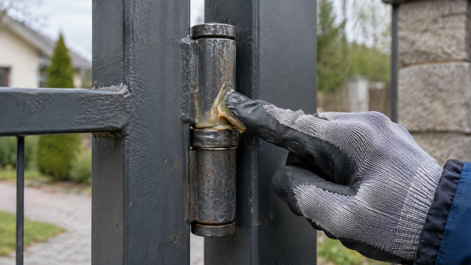 Палец в перчатке ровно наносит бежевую густую смазку на шарнир металлических ворот.