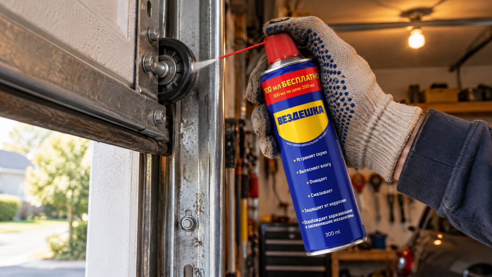 Рука в перчатке наносит универсальную смазку WD40 на механизм ворот.