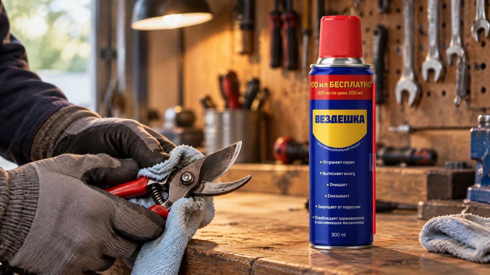 Рука в перчатке наносит универсальную смазку WD40 на садовый инструмент.