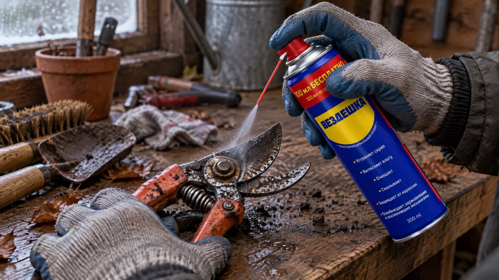 Рука в перчатке наносит универсальную смазку WD-40 на садовый инструмент.