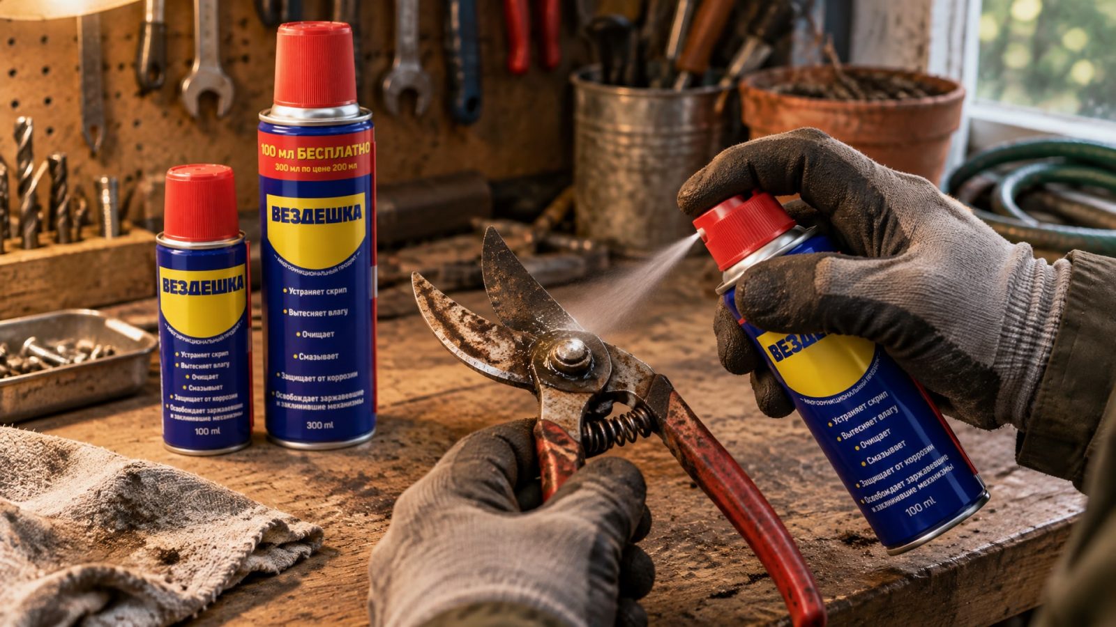 Рука в перчатке наносит универсальную смазку WD-40 на инструмент.