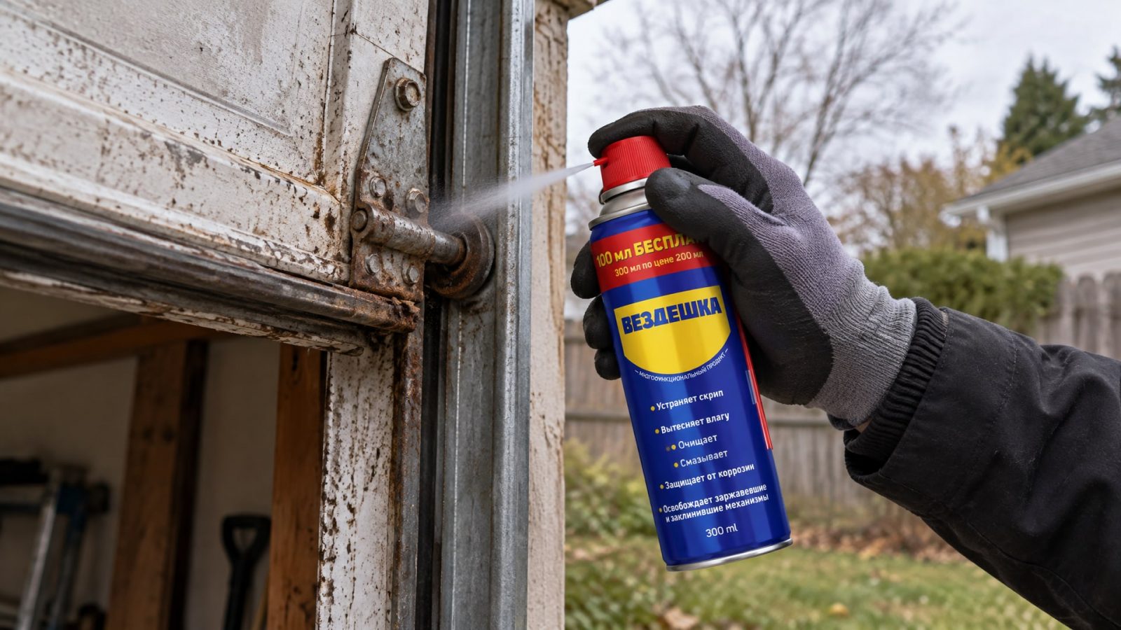 Рука в перчатке наносит универсальную смазку WD-40 на гаражные ворота.