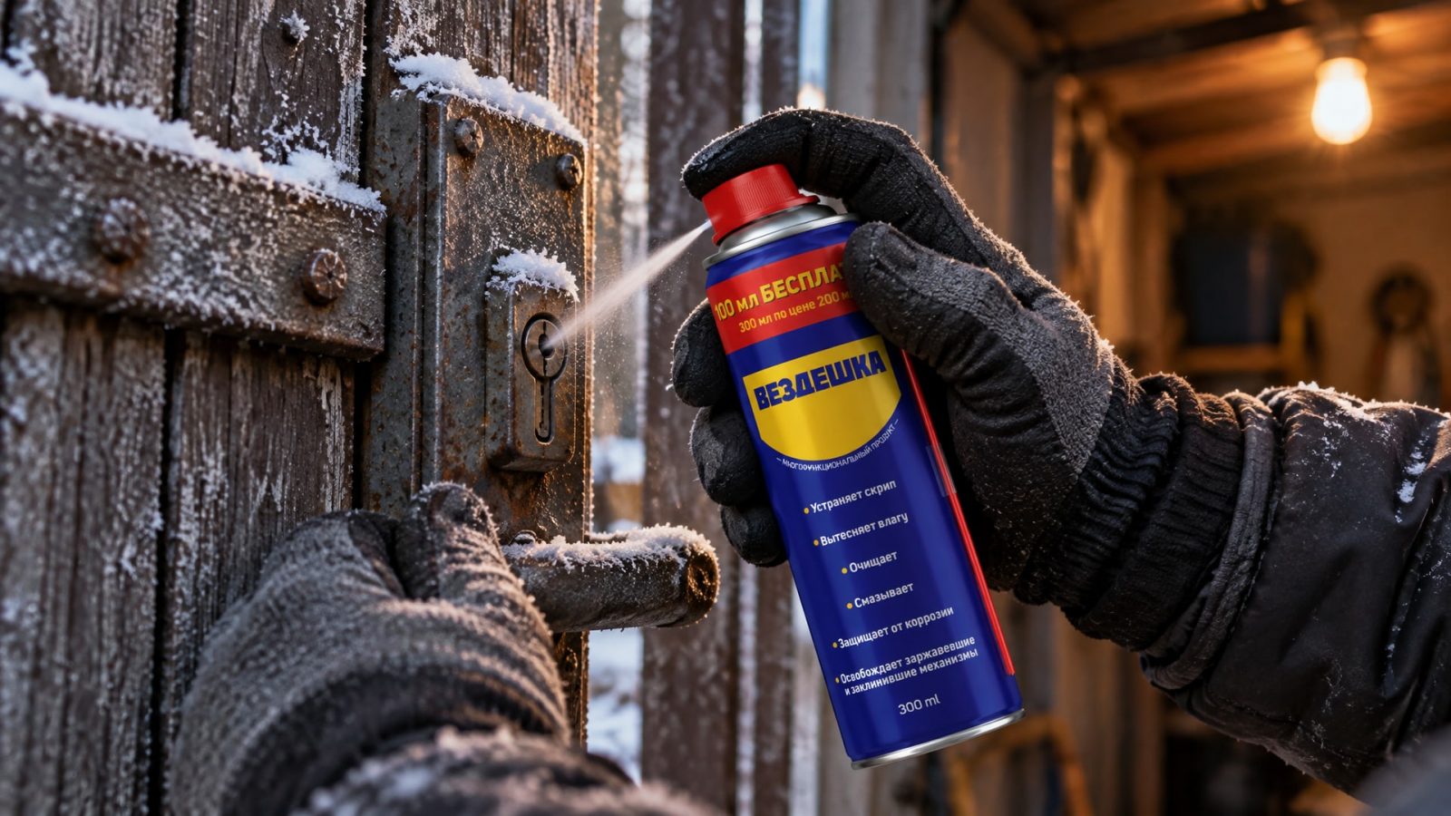 Рука в перчатке наносит универсальную смазку WD40.