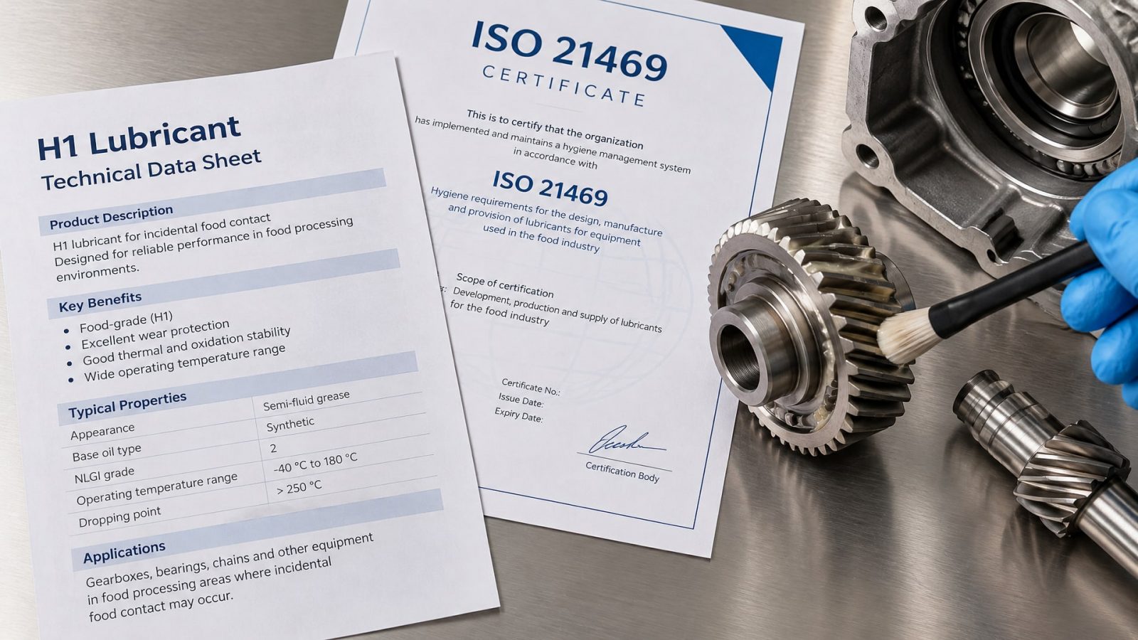 На столе лежат технический лист смазки и сертификат ISO 21469, рядом разобранный редуктор для аудита допуск H1.