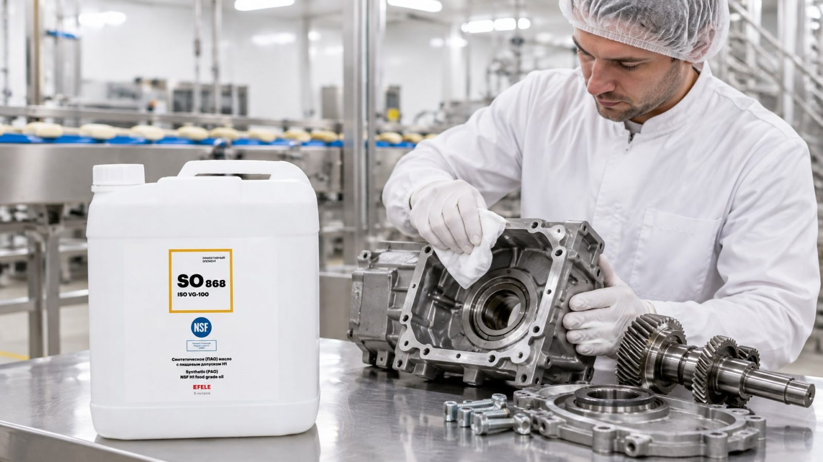 Рука в перчатке наносит EFELE SO-868 (ПАО масло, NSF H1) для редукторов с допуском H1.