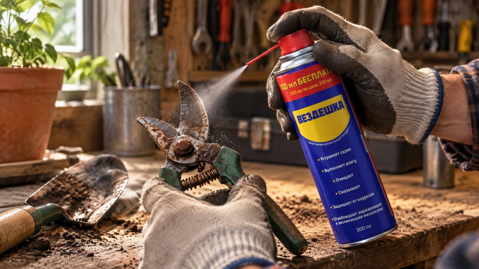 Рука в перчатке наносит универсальную смазку WD-40 на садовый инструмент.