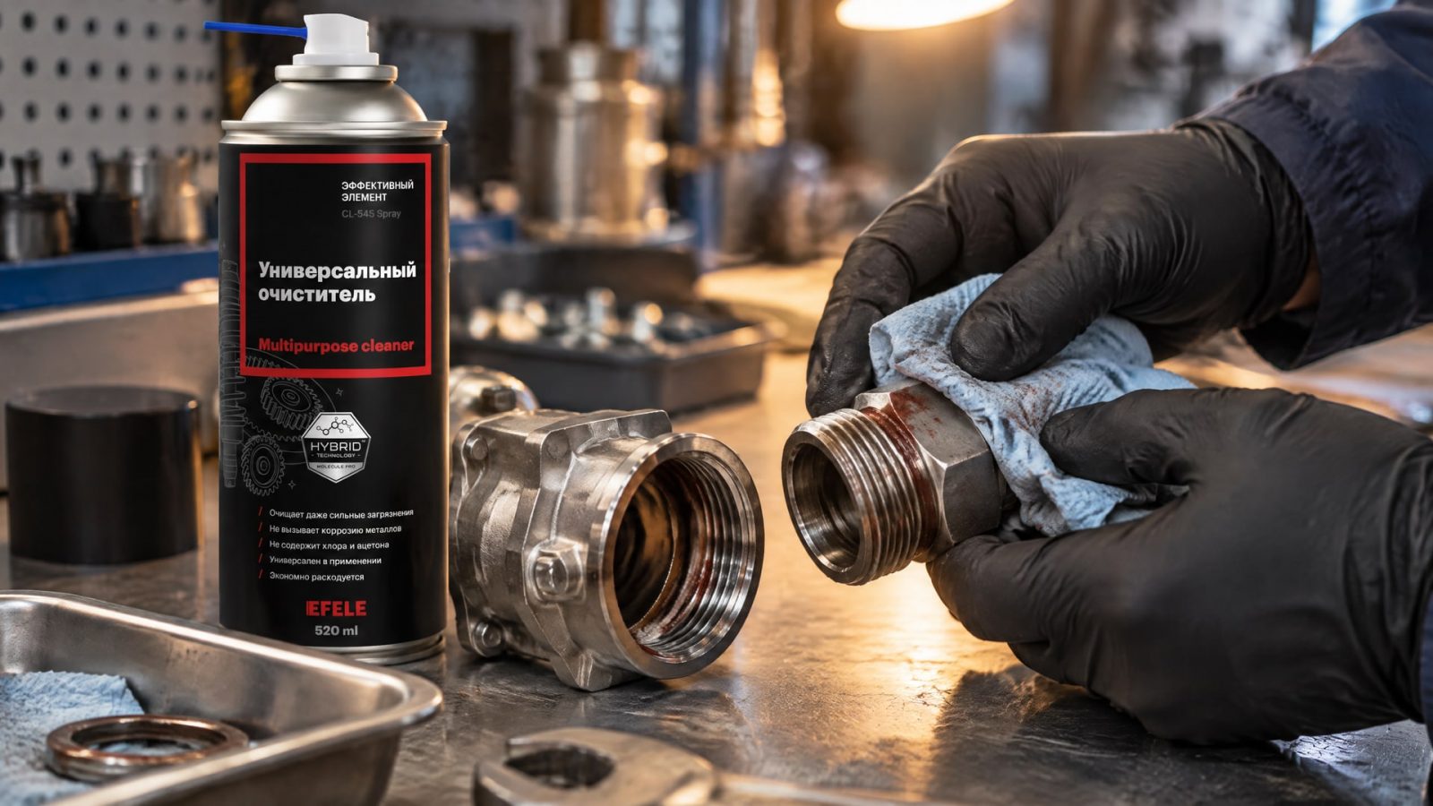 Рука наносит EFELE CL-545 Spray, чтобы удалить анаэробный герметик.