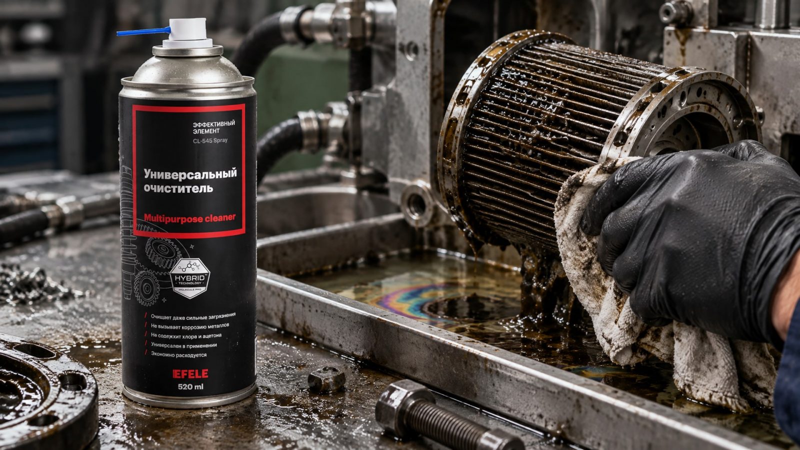 Рука в перчатке наносит EFELE CL-545 Spray (универсальный очиститель) на детали для очистки от бактерий в СОЖ.
