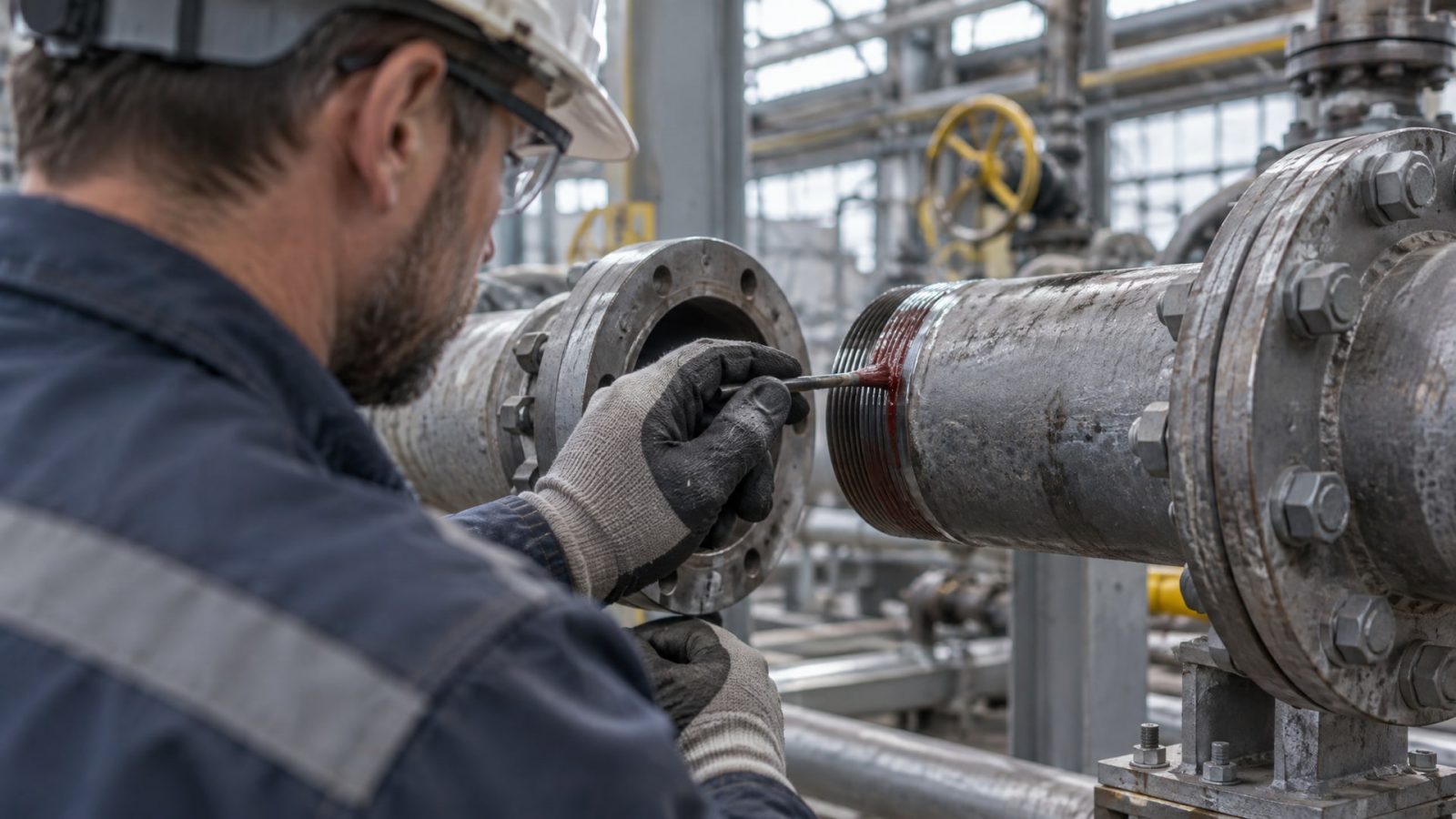Нанесение анаэробного герметика для химии на резьбовое соединение газовой трубы рабочим в перчатках.