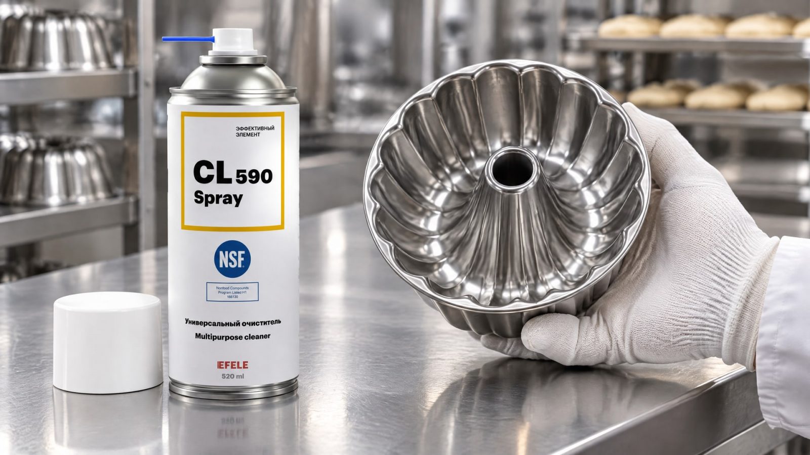Рука в перчатке наносит EFELE CL-590 Spray для очистки поверхностей.