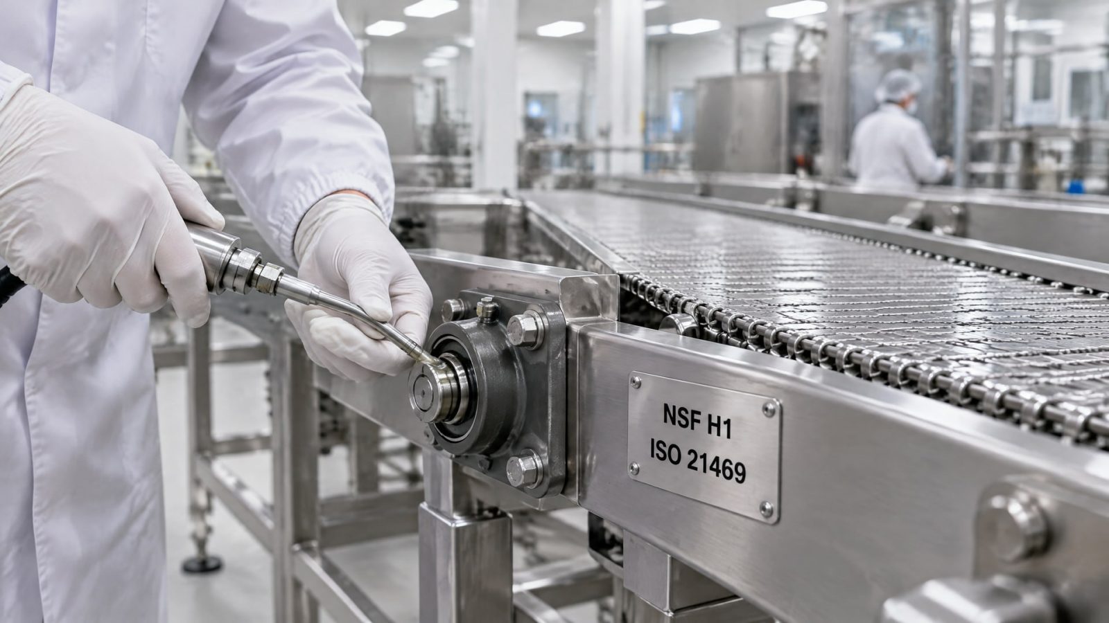 Металлическая табличка с маркировкой NSF H1 на конвейерной ленте, подтверждающая обслуживание оборудования напитков.