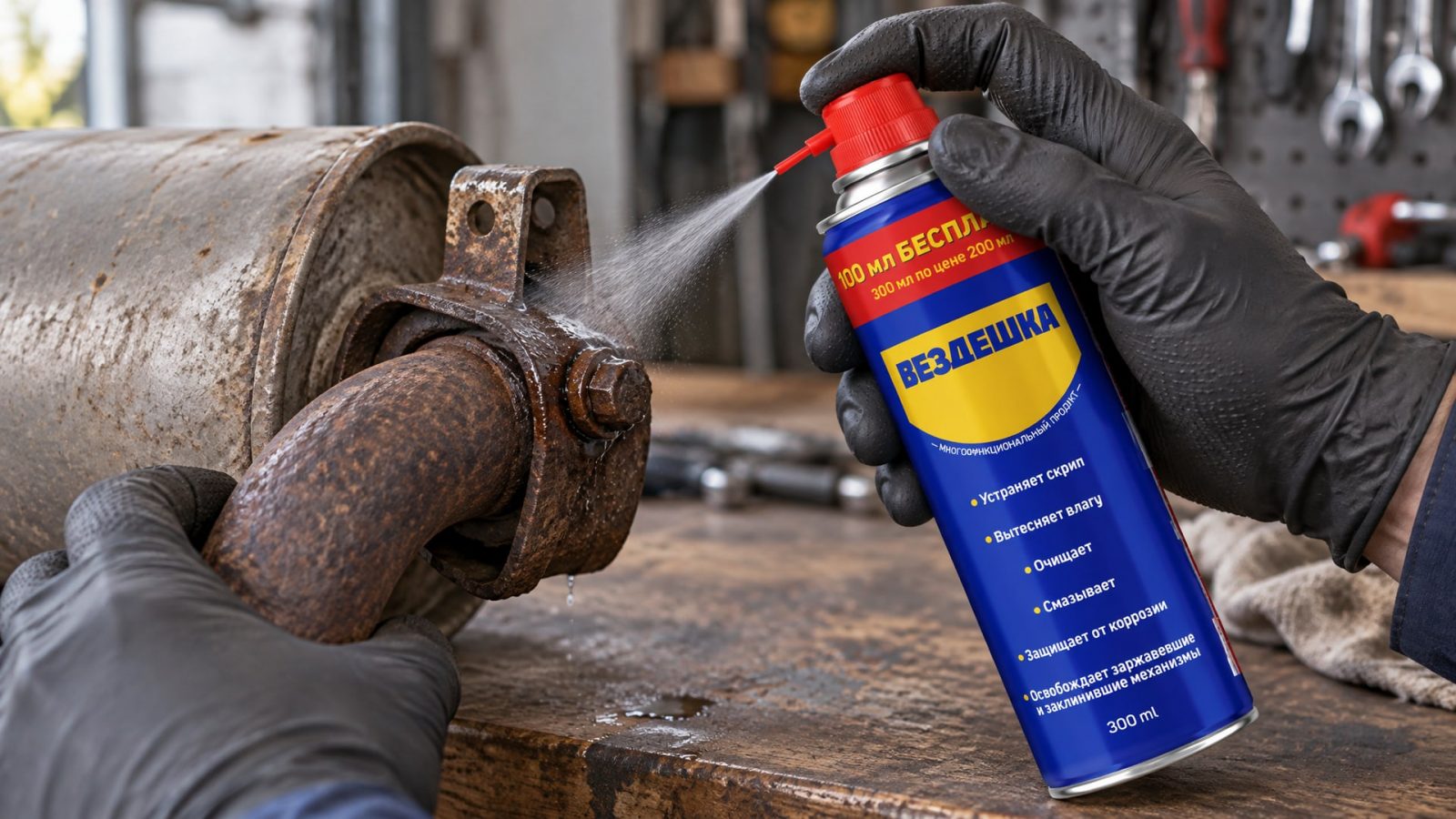 Рука в перчатке наносит универсальную смазку WD-40 на болты глушителя.