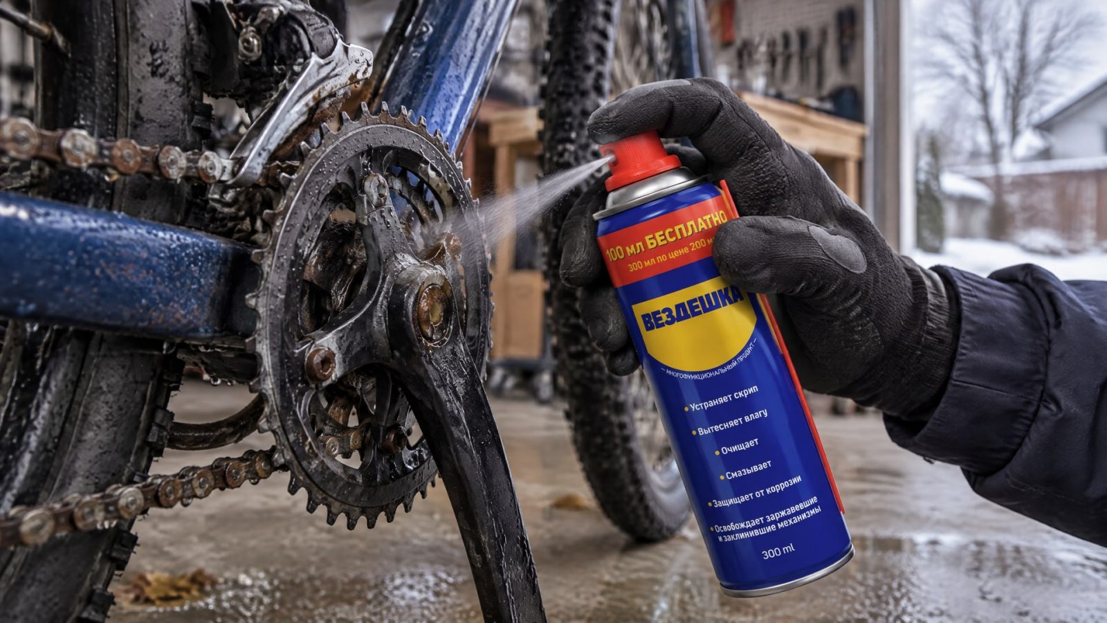 Рука в перчатке наносит универсальную смазку WD-40 на резьбовое соединение.