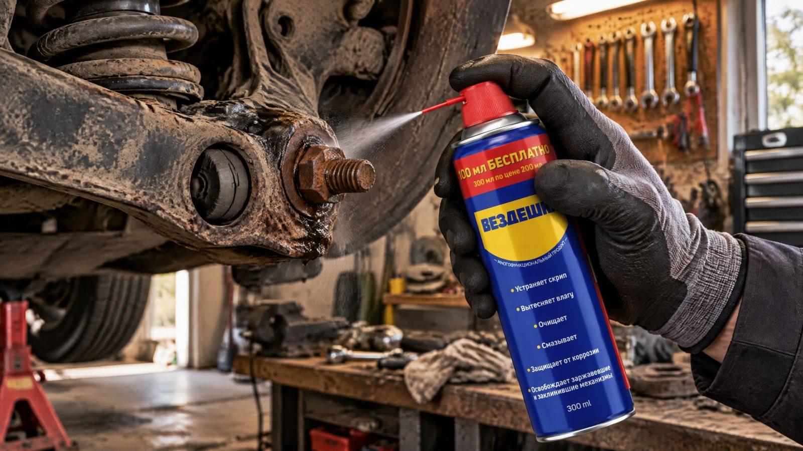 Рука наносит универсальную смазку wd-40 на болты для освобождения механизмов.