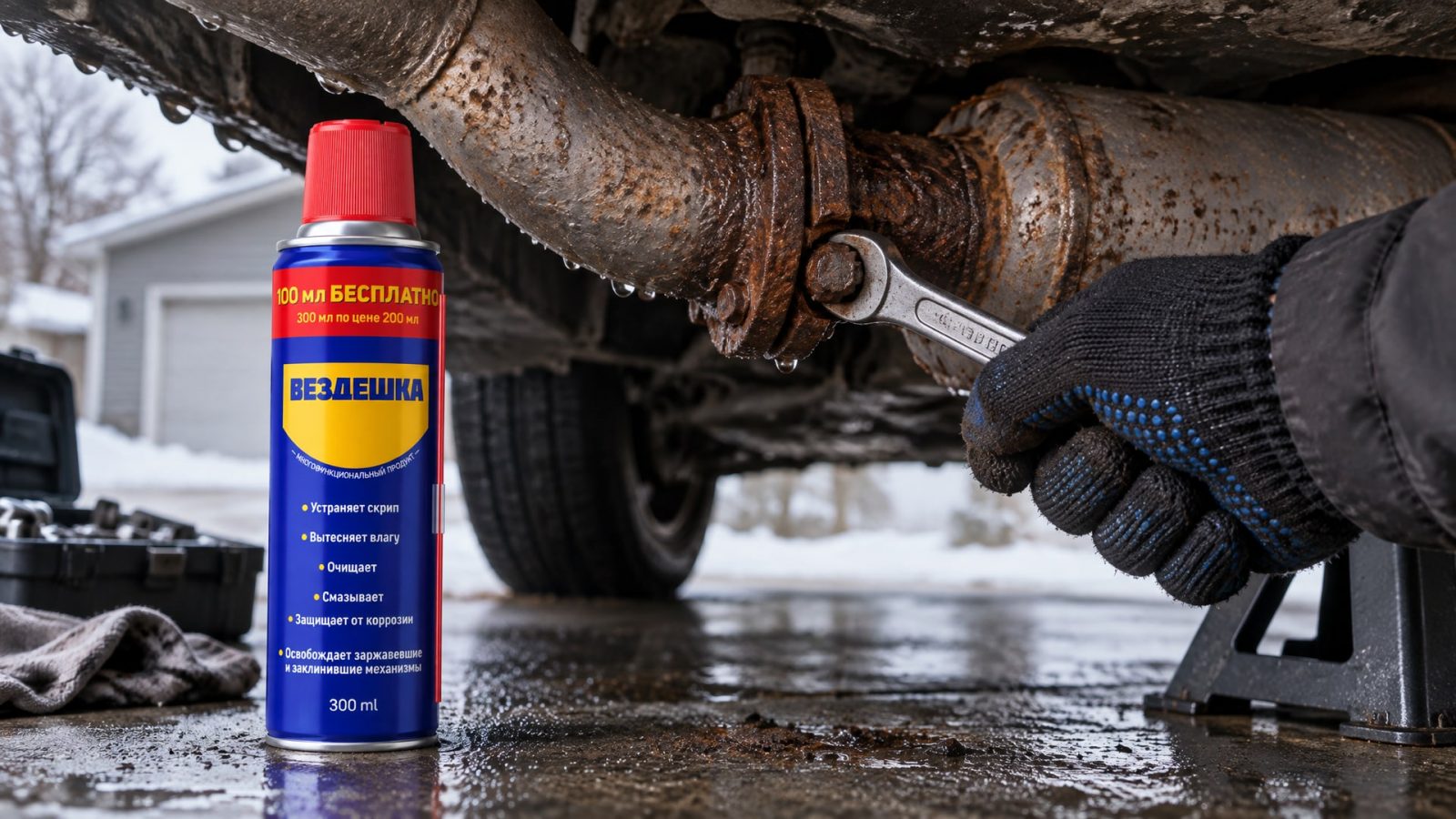 Мастер в перчатке наносит wd-40 для смазки резьбовых соединений.