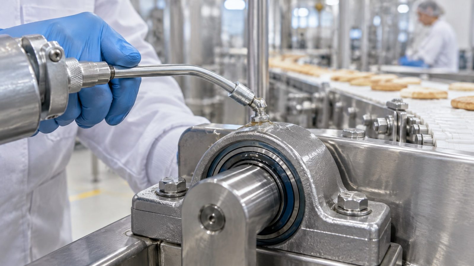 Подшипник конвейера с тонким слоем смазки H1 для аудита HACCP на пищевом производстве.