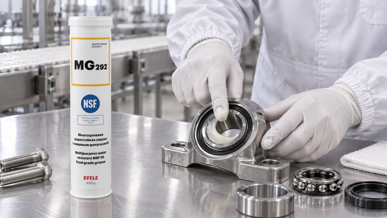 Рука наносит смазку EFELE SG-301 Spray на оборудование, аудит HACCP.