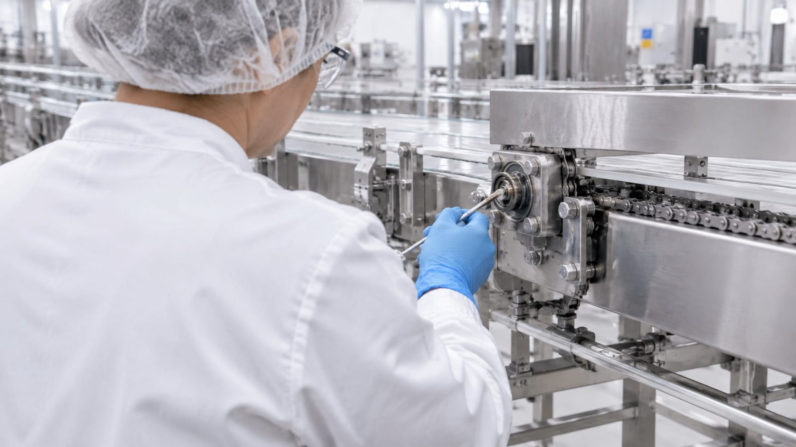 Инженер аккуратно наносит тонкий слой прозрачной смазки h1 аудит haccp на движущиеся части конвейера.