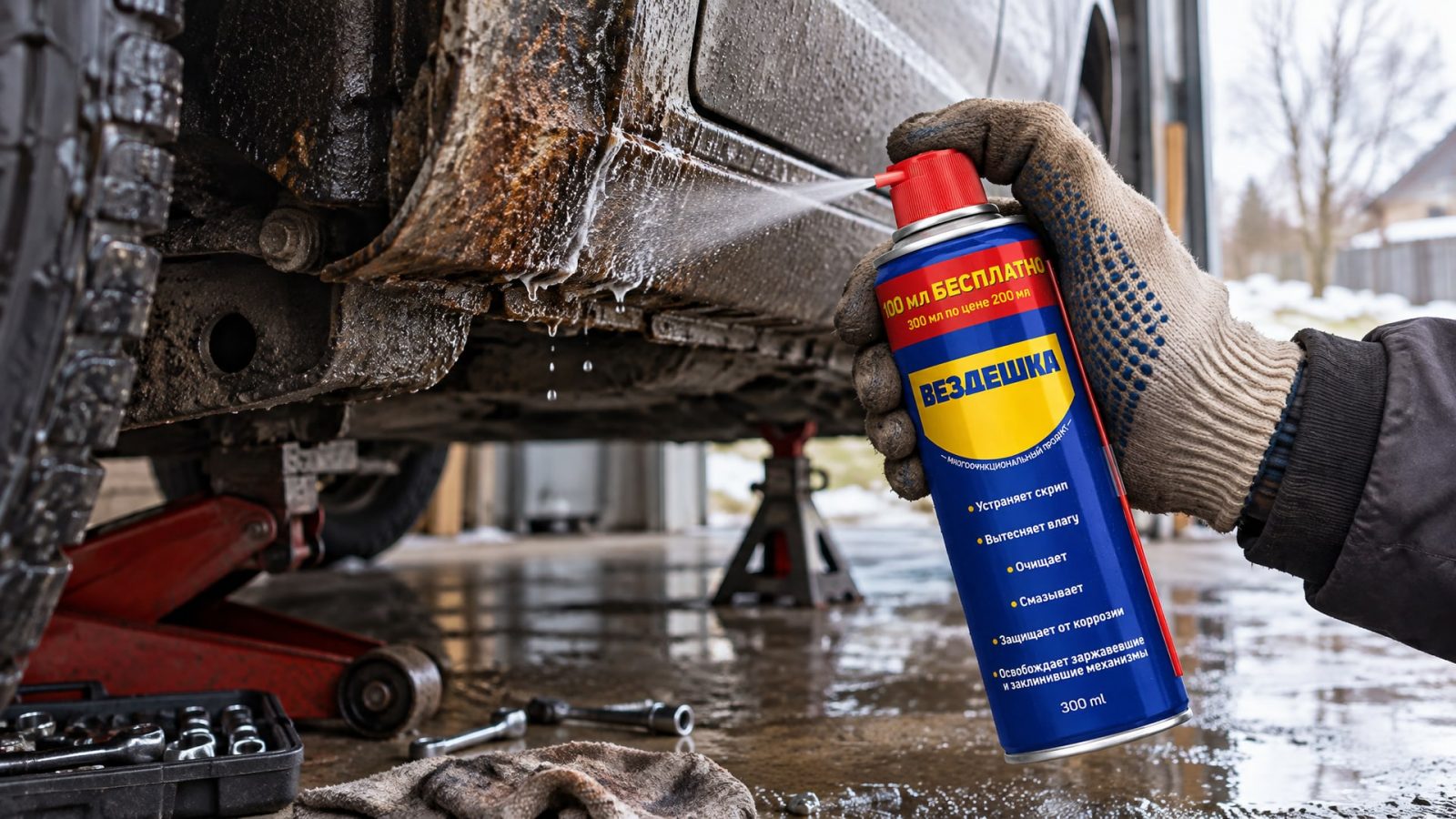 Рука в перчатке наносит универсальную смазку WD-40.