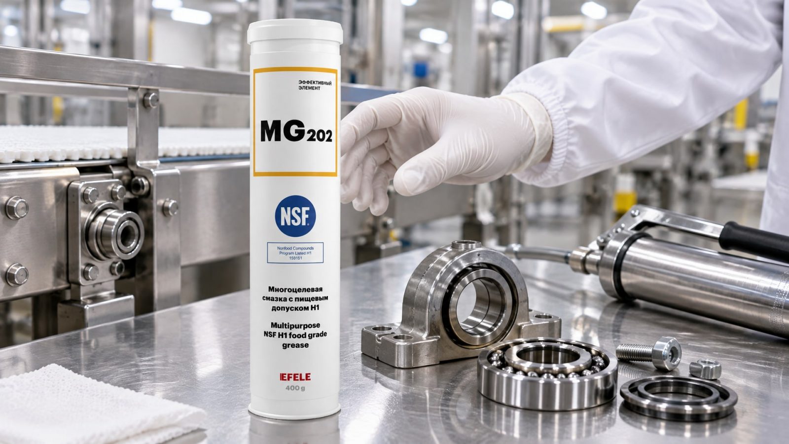 Нанесение EFELE MG-202 (NSF H1) на подшипник предотвращает загрязнение продукта.