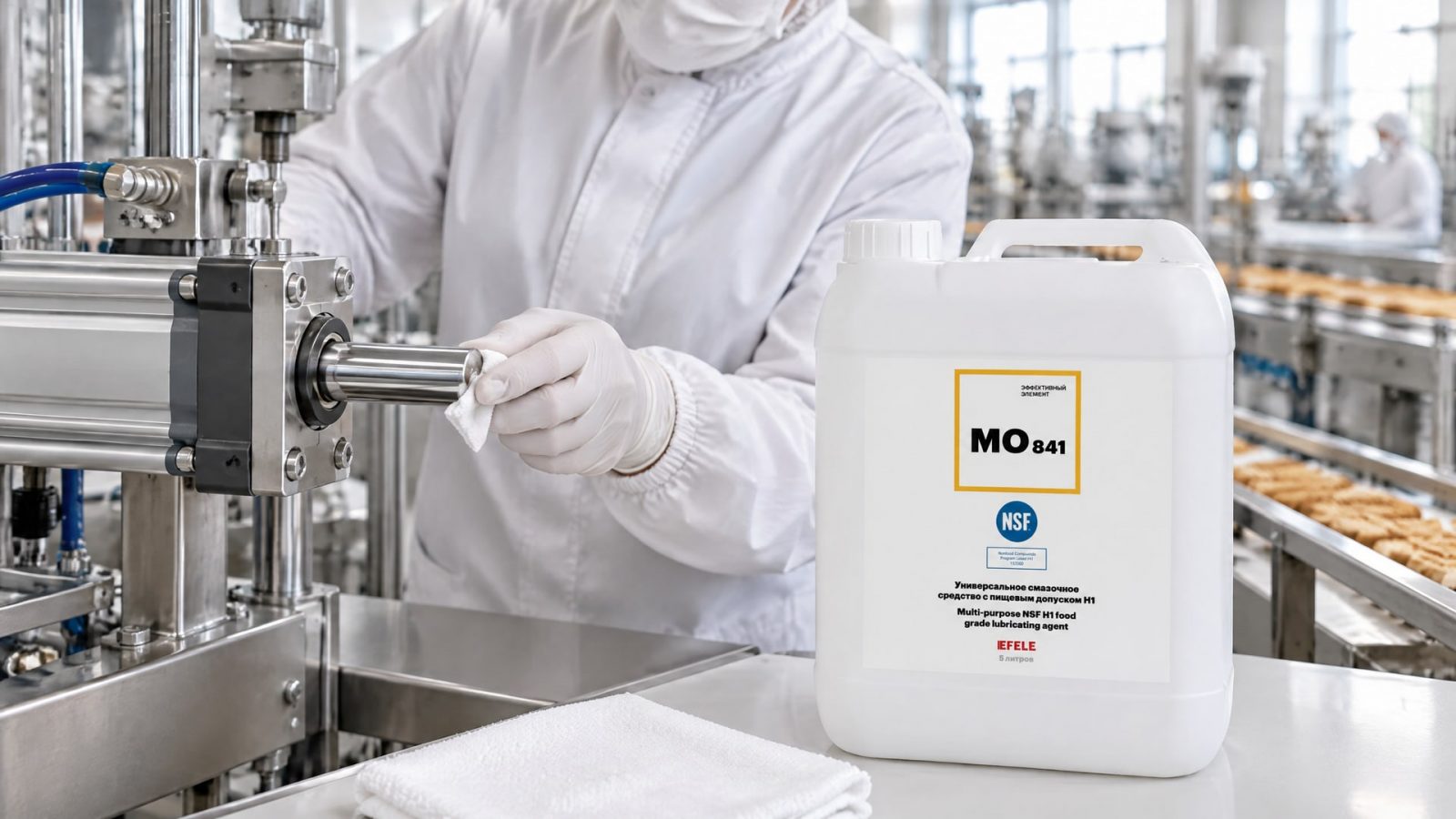 Работник в перчатках наносит EFELE MO-841 для предотвращения загрязнения продукта.