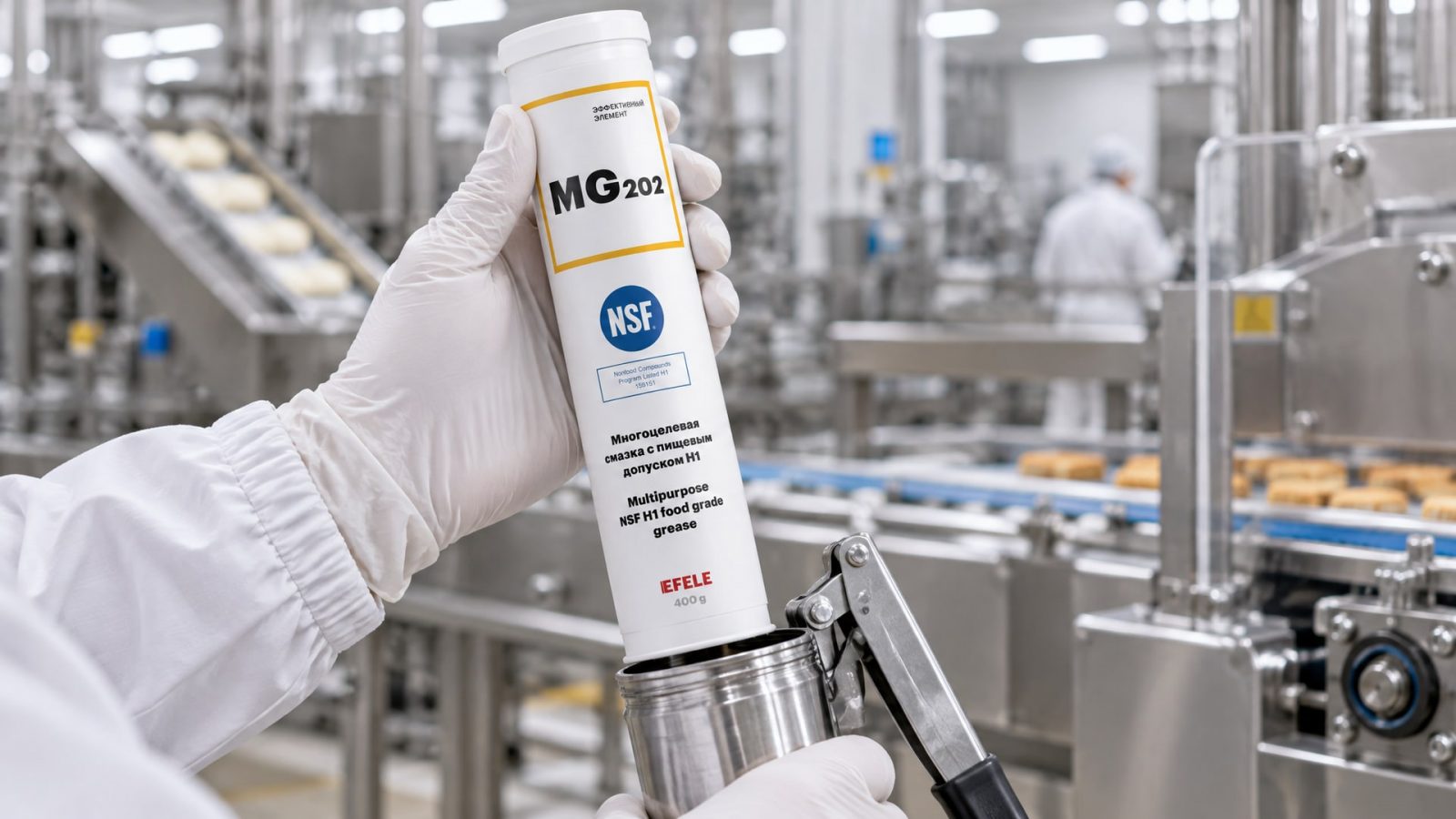Рука в перчатке наносит EFELE MG-202 (NSF H1) для предотвращения загрязнения продукта.