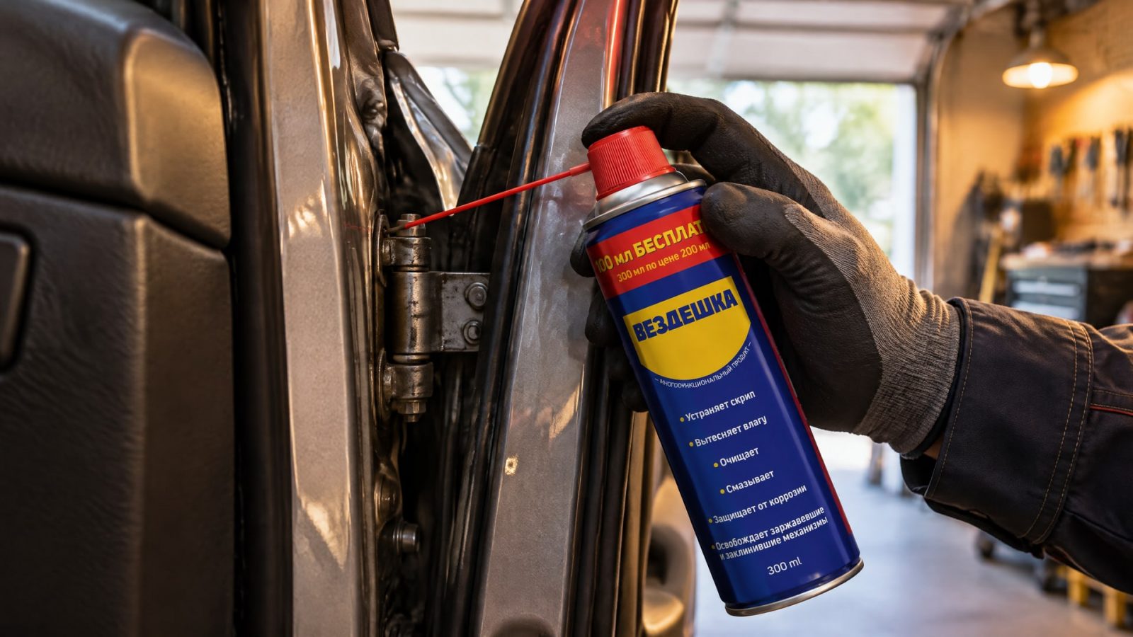 Рука в перчатке наносит универсальную смазку WD-40 на петли автомобиля.