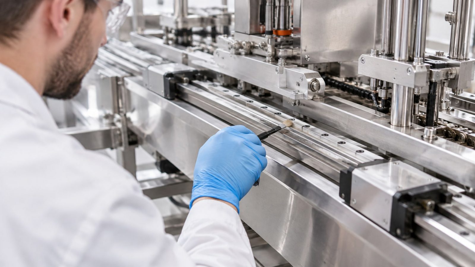 Инженер аккуратно наносит пищевую смазку nsf h1 на направляющие упаковочной машины.