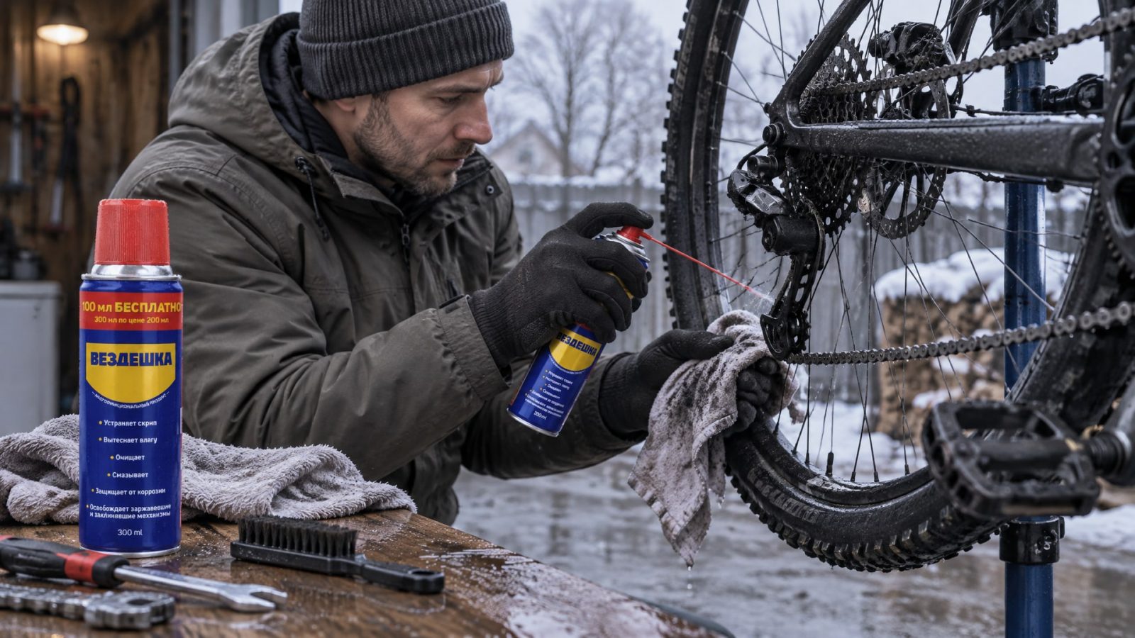 Рука в перчатке наносит универсальную смазку wd-40 на велосипед.