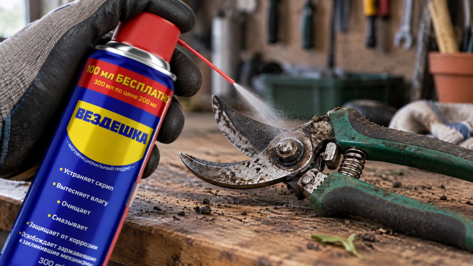 Рука в перчатке наносит универсальную смазку wd-40 на инструмент.
