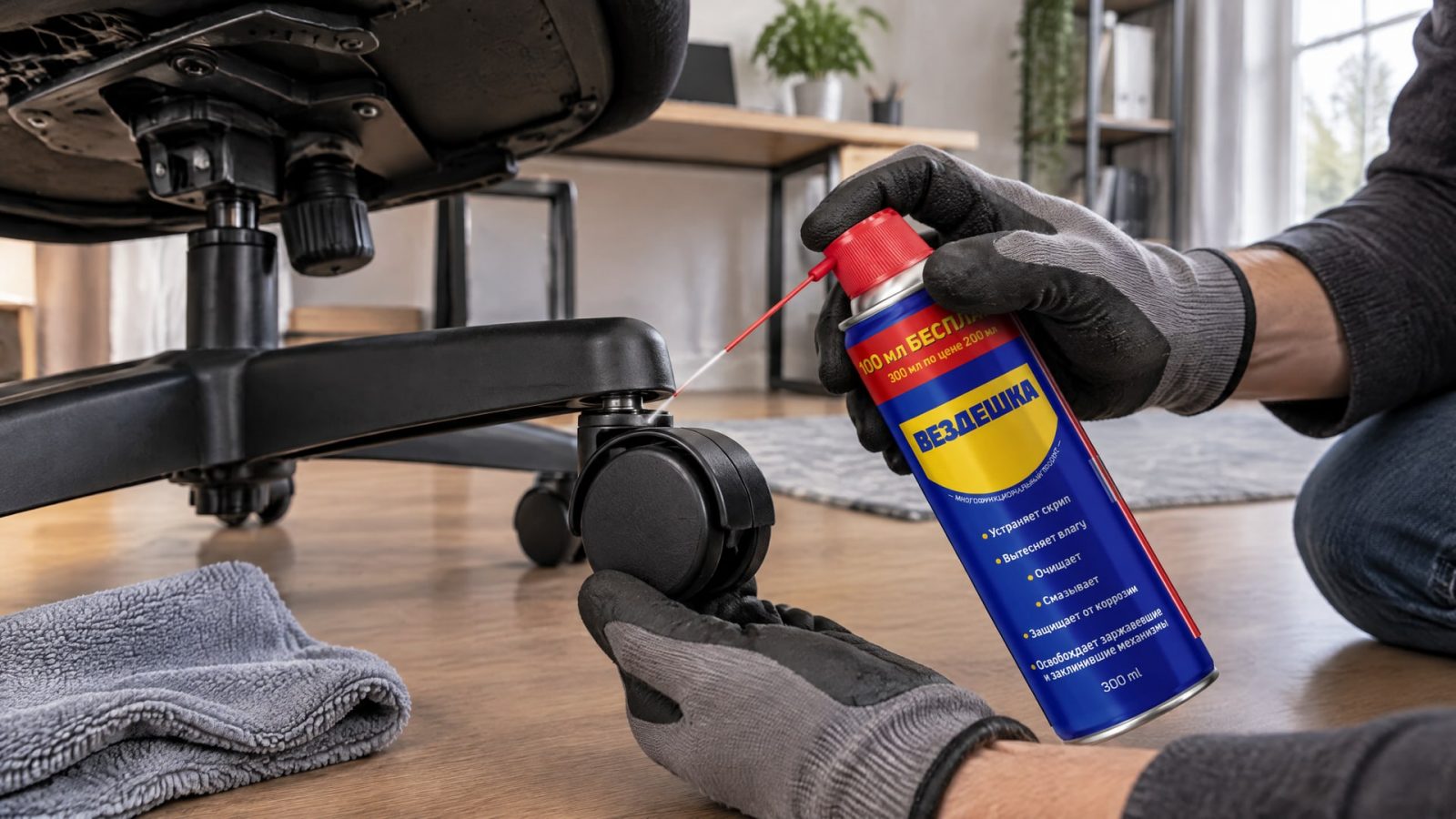 Рука в перчатке наносит универсальную смазку wd-40 на деталь.